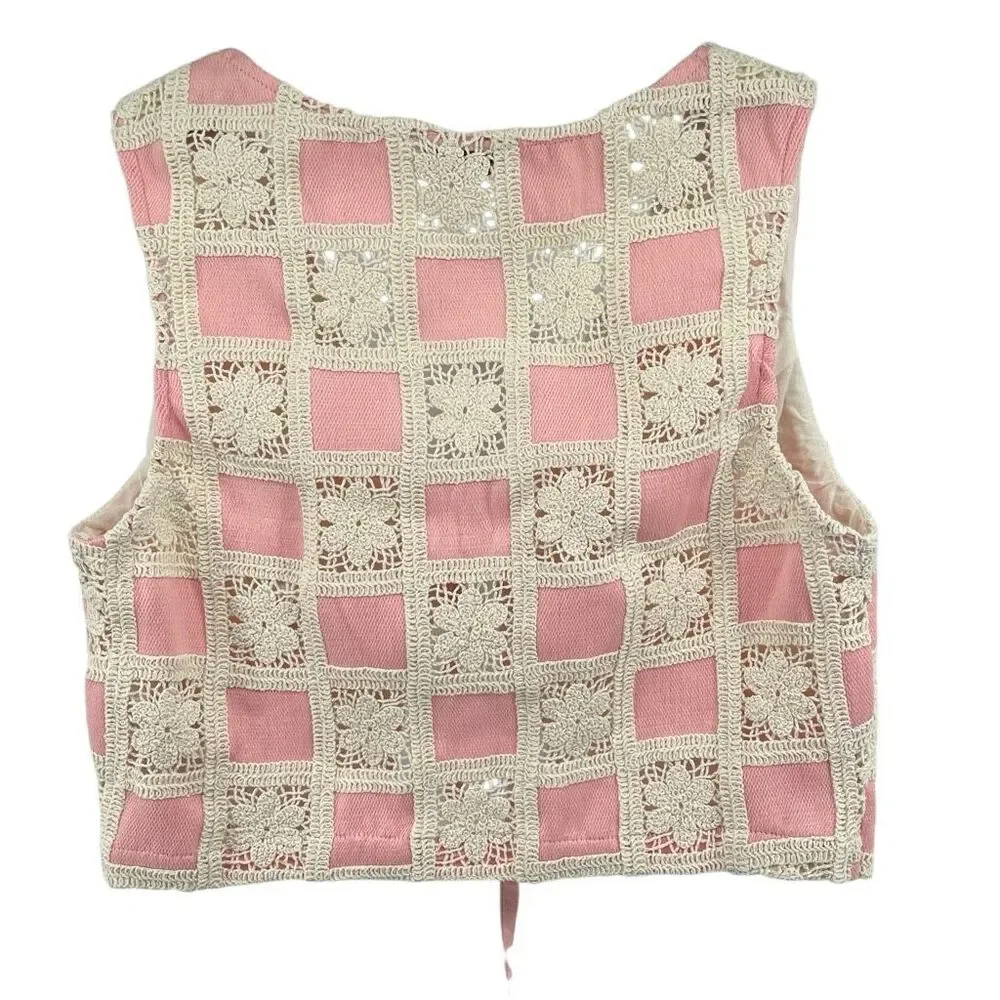 Emory Park Crochet Lace Tie Front Vest Small Pink Boho Festival Cottagecore - Picture 4 of 12